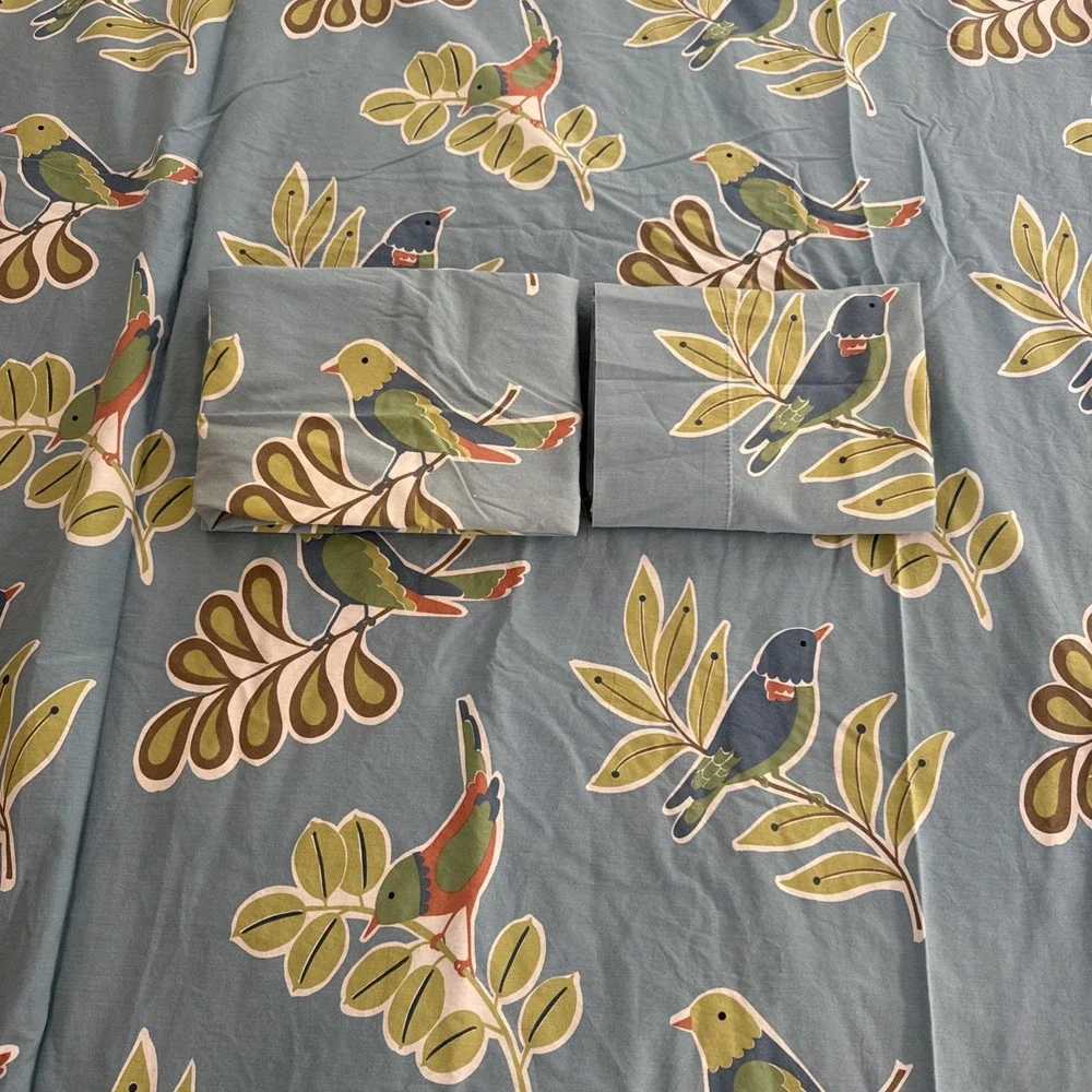 The Company Store Birds Queen Flat Sheet & 2 Std Pillowcases Blue Nature Cotton
